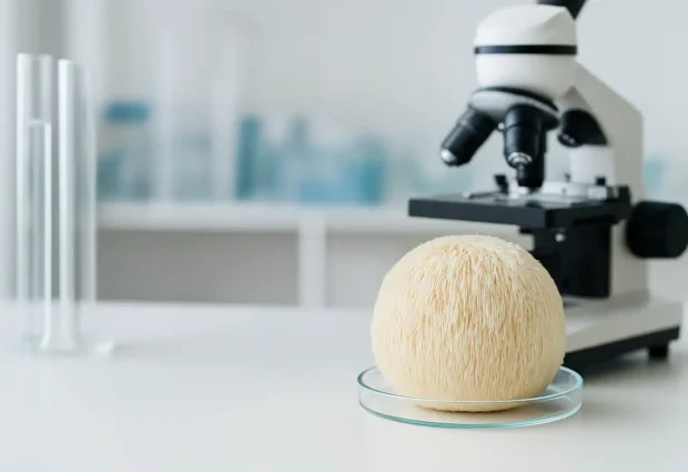 Lion’s Mane mushroom sample in a petri dish next to a microscope in a scientific lab setting