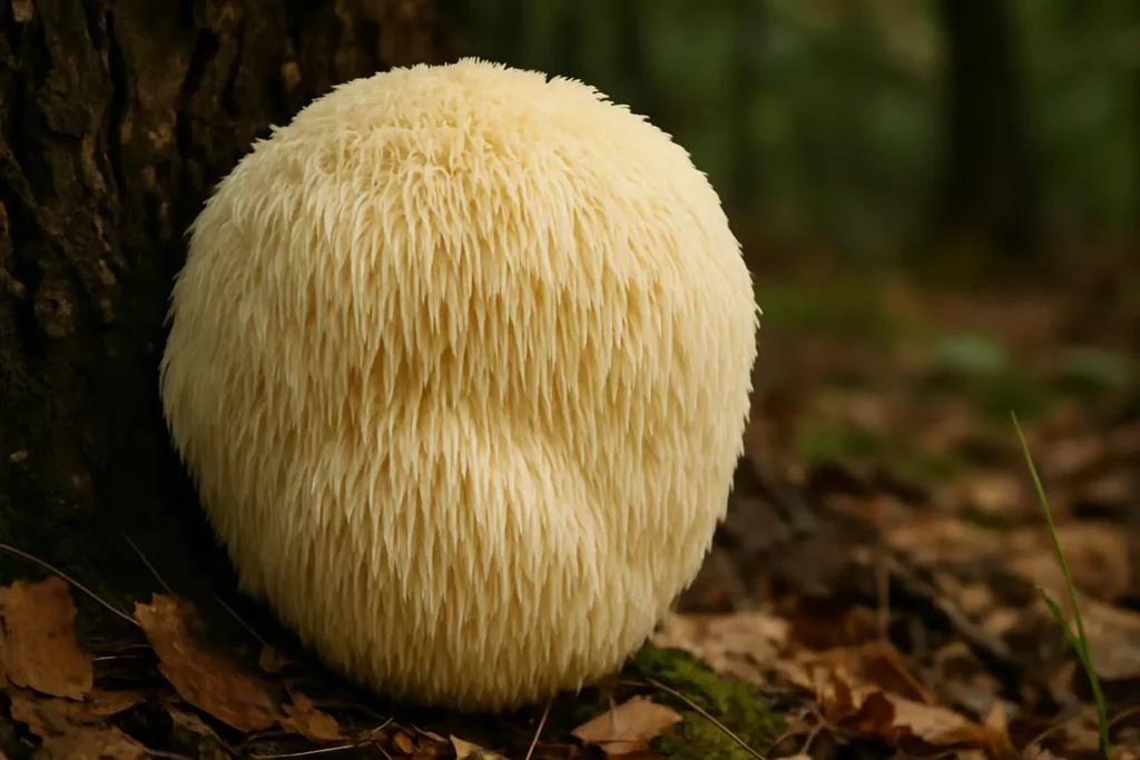 Lion’s Mane mushroom growing on forest floor against tree trunk